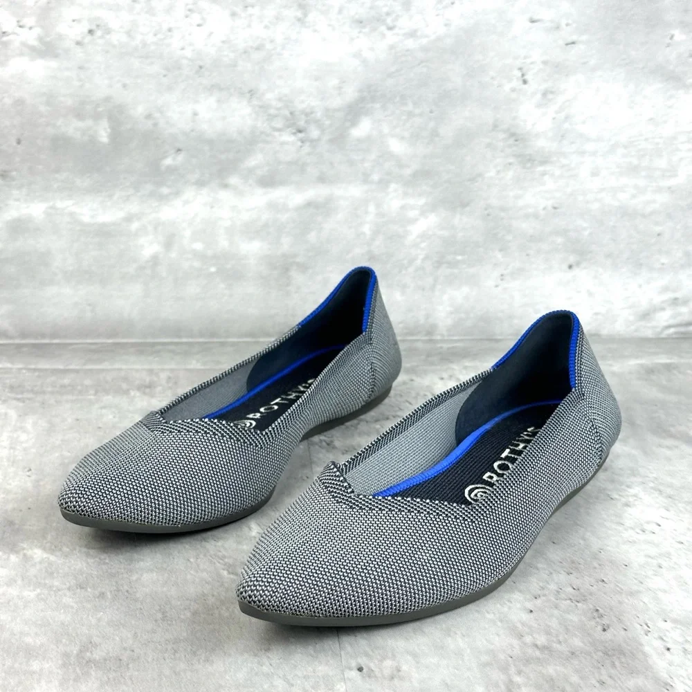 Rothy's Gray Knit Pointed Toe Flats with Blue Trim